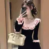 Vestido de Punto con Cuello de Encaje Estilo Chanel Negro para Mujer, Nuevo 2025 Principios de Otoño Dulce con Cintura Ajustada y Mangas Acampanadas Corto