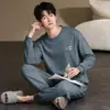 Novo conjunto de pijamas masculinos 100% algodão puro manga longa calça longa primavera e outono confortável bainha com punho jovem conjunto de roupa para casa