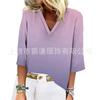 Ropa de Mujer Transfronteriza Sitio Independiente de Amazon Verano Más Vendido Color Degradado Estampado Cuello en V Suéter Camiseta Casual de Manga Tres Cuartos