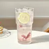 Copo de água com suco copo de café estilo ins grande capacidade com tampa com canudo listras verticais copo de vidro alta aparência copo para bebida fria