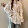 Camisa para Mujer Diseño de Nicho Sentido Blanco con Cordones en la Cintura Camisa de Manga Larga Primavera Nuevo Estilo Occidental Slim Algodón Top