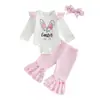 Conjunto de Três Peças para Bebê de Páscoa: Macacão de Manga Longa, Calça Flare e Faixa de Cabeça
