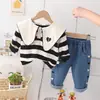 Fato para Meninas Estampado Estilo Doce Listrado Gola Lapela Casual Duas Peças Primavera e Outono Fato Infantil Fabricante Atacado