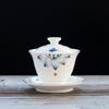 Cerâmica de Jade Branco Dehua Tigela com Tampa Azul e Branca Pintada à Mão com Ouro Inlaid Conjunto de Chá Kung Fu Tigela de Chá de Três Peças com Logotipo Porcelana Branca