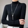 Nova blusa base preta feminina para outono e inverno, corte justo, gola semi-alta, suéter de gola alta afunilado, blusa de tricô de manga longa