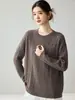 Suéter de cashmere solto e relaxado para mulheres, gola redonda, mangas compridas, pulôver, trança em toda a peça, malha casual e versátil
