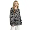 Suéter pullover retro americano con estampado de leopardo para mujer, nuevo estilo otoño e invierno, corte holgado, hombros caídos, tejido, suave y acogedor, top adelgazante