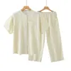 Conjunto de Pijama de Algodón Puro Doble Capa Estilo Japonés, Manga Corta y Pantalón Largo para Mujer, Ropa de Casa Fresca de Gasa de Algodón Sin Estampado, Estilo Rayado Casual