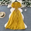 Vestido Redondo de Manga Abullonada con Perlas y Diamantes de Uso Rudo Francés para Mujer Verano 2025 Cintura ceñida Elegante Falda Larga Plisada