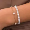 Pulsera de Perlas de Imitación de Venta Caliente Transfronteriza Set de Dos Piezas para Mujer Cadena de Perlas Artificiales de 4 mm Pulsera Joyería al por Mayor