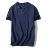 Camiseta de manga corta de lino vintage para hombre, fina, de media manga, color liso, con cuello en V, holgada, de algodón y lino, talla grande