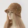 Sombrero de pescador de paja hueco con perlas y pedrería de estilo francés, estilo corto de verano, hace que la cabeza parezca más pequeña, transpirable, sombrero de sol de ganchillo hecho a mano