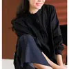 Elegante Camisa de Algodón Plisado con Cuello Alto de Encaje Blanco y Negro, Manga Larga para Mujer, Nuevo Estilo Otoño