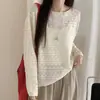 Top de ganchillo hueco suave y delicado para mujer, estilo fino de otoño, holgado y casual, color liso suave, jersey de cuello redondo