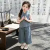 Traje de Mezclilla Estilo Chino para Niñas Modelo Nuevo 2026 Conjunto de Dos Piezas Coreano de Moda Infantil para Niñas Pequeñas Atuendo de Verano