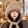 Gorro de peluche con lazo de orejas de oso para mujer, a prueba de viento, resistente al frío, protege los oídos, cálido, con doble cordón, lindo