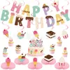 Decoraciones para fiesta de cumpleaños temáticas de postres y dulces de verano transfronterizos: guirnaldas de banderas, pancartas de conos de helado, decoraciones colgantes en espiral, adornos para pasteles y artículos de exhibición