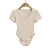 25013-25 Primavera Nuevo Estilo Estilo Europeo y Americano Sexy Dobladillo Curvo Cuello Corazón de Melocotón Cintura Entallada Que Resalta la Figura Camiseta de Manga Corta