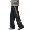 Calça Esportiva Listrada Estilo Americano para Homens, Primavera High-Street Solta com Caimento Reto de Perna Larga Longa, Calças Casuais Masculinas
