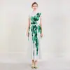 Conjunto de Dos Piezas Plegado con Estampado Artístico Estilo Europeo Top de Cuello Alto de Manga Corta Falda Larga Plegada Traje Plegado para Mujer Verano