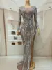 Vestido de Festa Sexy Prata com Strass Duas Peças de Manga Longa para Festa de Aniversário