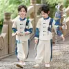 Primavera de 2025 Novo Patchwork Chinês Estilo Hanfu Pequeno Cavalheiro Traje Tang Infantil Roupa para Recitação de Poesia Coral
