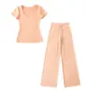 Conjunto de Ropa de Casa: Camiseta de Manga Corta Ajustada con Cuello en U Estilo 'Hot Girl' + Pantalones Rectos Sueltos de Cintura Estrecha con Cordón