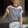 La Camisa de Punto Estilo Japonés "Pure Color Summer" con Mangas Chaleco Estilo Náutico Rayas Azules y Blancas Camiseta Delgada