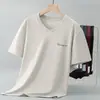 Camiseta Blanca de Algodón Mercerizado Antibacteriano 7A para Hombre de Manga Corta con Cuello en V Camiseta de Manga Media con Estampado de Letras y Sensación Fresca de Seda de Hielo