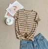 Camiseta Casual Preguiçosa Listrada com Decote V de Manga Curta, Verão Solta Emagrecedora Pulôver Versátil Top de Algodão Puro, Versão Coreana