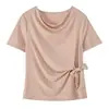 Camiseta Elegante de Manga Curta com Gola Drapeada Estilo Francês Verão 2026 Tamanho Plus Size Estilo Puro Desejo Top de Amarração Lyocell Tencel 264908