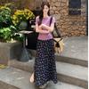 Camiseta Morada de Un Hombro y Manga Corta Top Elegante Verano para Mujer Nuevo Falda Floral Dulce Traje Gentil