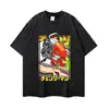 Camiseta de manga corta lavada con efecto desgastado y estampado de anime, marca de moda urbana americana de corte holgado, cuello redondo