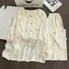 Nuevo conjunto de pijama de algodón nube con encaje de oso lindo y moderno para mujer, cárdigan de manga larga de otoño y primavera, ropa de estar de dibujos animados