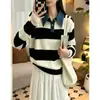 Estilo Coreano Estilo Academia Cuello de Mezclilla Tejido de Punto Rayado Blanco y Negro para Mujer Otoño Invierno Transfronterizo Nuevo Estilo Bloque de Color Versátil Suéter Adelgazante
