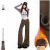 Pantalones largos de mujer de estilo americano, retro, color café, con forro polar cálido, de tiro bajo, acampanados, transfronterizos