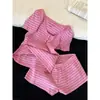 Pijama de Rayas Rosas Estilo Dulce Coreano Simple para Mujer Primavera y Verano Mangas Cortas Pantalones Cortos Conjunto Adelgazante para el Hogar