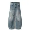 Jeans Ripped Desgastado de Cintura Alta Estilo Americano com Barra Reta para Homens, Streetwear da Moda, Calças Casuais Largas Resistentes de Comprimento Total