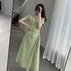 Saia Midi Retro com Decote V e Mangas Bufantes 2026 Nova Verão Fina Longa com Costura Vazada Vestido Elegante para Mulheres