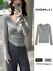 Elegante capa base de manga larga con cuello en V, suéter ajustado para primavera y otoño, top de punto para mujer, versátil con mangas ligeramente acampanadas, disponible en tallas grandes