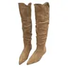 Botas de Tacón Grueso Fruncidas de Punta Aguda para Mujer, Nuevo Estilo 2026, Tacón Oculto, Botas Vaqueras Western Hasta la Rodilla, Botas Largas Hasta la Rodilla