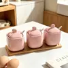 Estilo Minimalista Nórdico Frasco para Condimentos Caja de Cerámica para Condimentos para Uso Doméstico con Tapa y Bandeja de Madera, Contenedor Redondo para Condimentos para Glutamato Monosódico y Sal