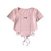 Hot Girl Style Letter Labeling Fish Bone Curvo Verão Novo Estilo Pulôver Gola Redonda Swing Lace-up Slim Fit Camiseta Feminina