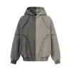 Chaqueta con capucha resistente, lavada y desgastada para hombre, estilo punk moderno de primavera y otoño con bloques de color únicos y trabajo de retazos de borde crudo, chaqueta de trabajo