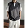 Conjunto estilo old money camiseta negra de manga corta con cuello alto camiseta de empalme de dos piezas falsas sensación relajada camiseta casual sensación de alta gama