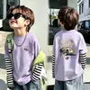 Roupa infantil, camiseta de manga comprida para meninos, estilo moderno e descolado, novo modelo 2026, algodão puro, blusa infantil falsa de duas peças, roupa de menino bonita