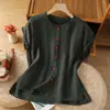Camisa de algodão e linho de cor sólida artística para mulheres, top sem mangas casual de algodão e linho jovem e elegante para o verão, blusa respirável