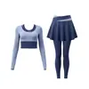Conjunto de Yoga Bloque de Color Atmosférico Top de Manga Larga Falso Dos Piezas Pantalones Falda Anti-Exposición Ropa de Pilates Fitness para Mujer