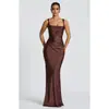 Estilo Nuevo Europeo y Americano Color Sólido Elegante Vestido Largo con Cinturón Sexy Cuadrado para Banquete Bodycon Vestido de Noche Vestido Sirena
