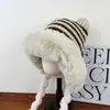 Gorro de Felpa Estilo Coreano con Rayas, Gorro Pullover Grueso de Doble Capa, Tejido Cálido Protector de Orejas, Gorro de Moda Tendencia de Piel Sintética de Visón para Mujer